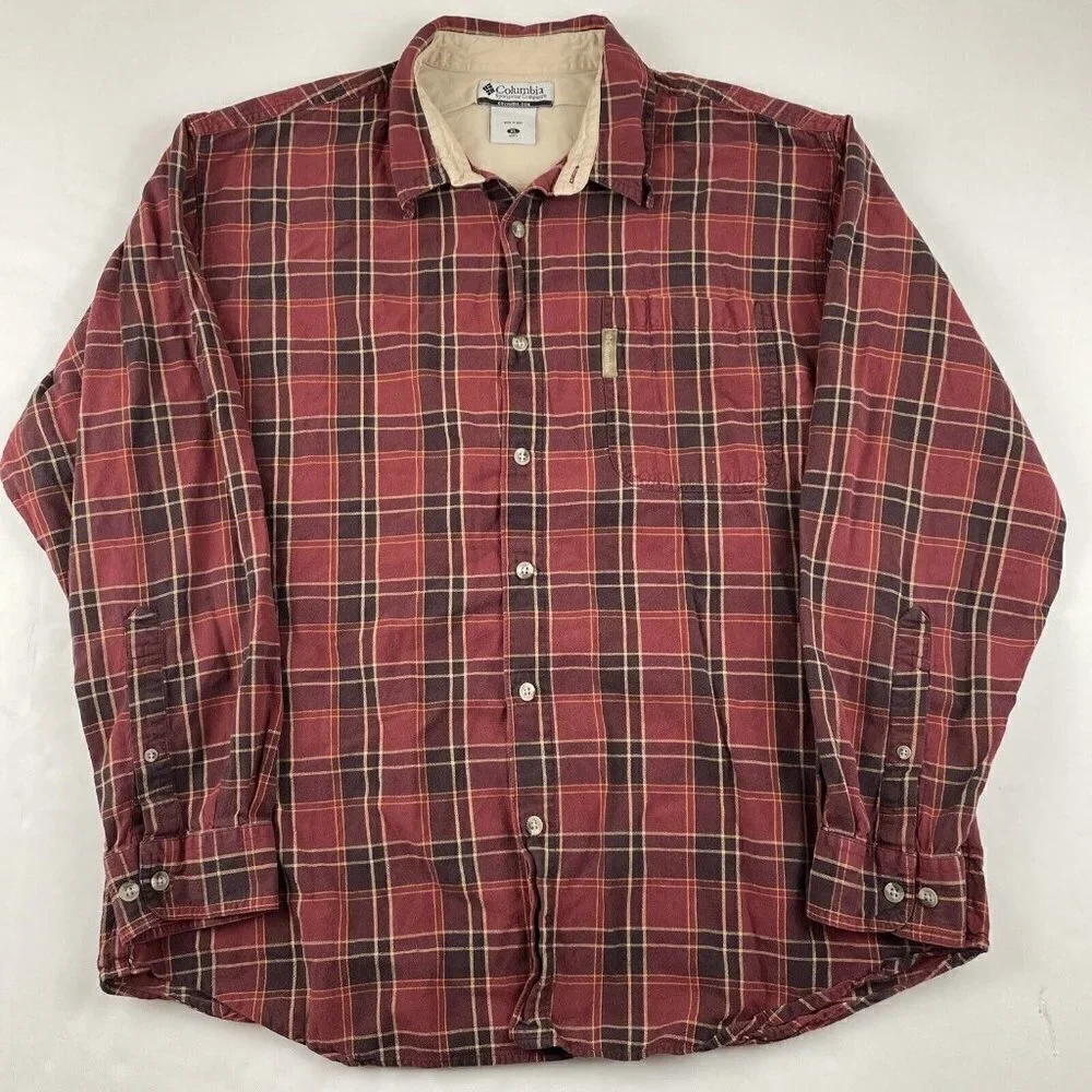 Columbia Button Up Plaid Shirt Men’s XL Cotton Reds Orange Long Sleeve Outdoors